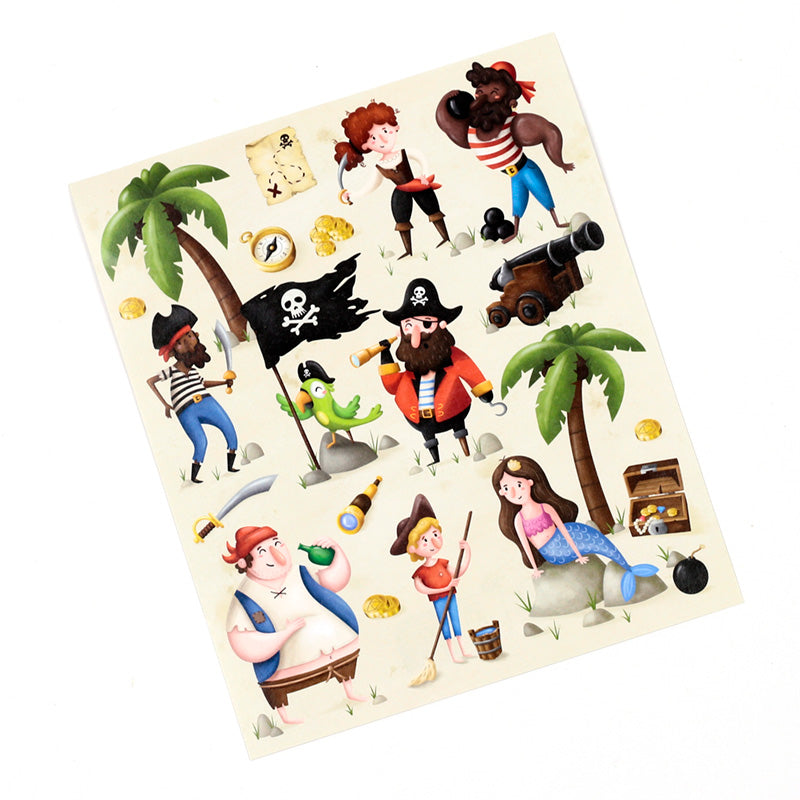 Pirate-themed jigsaw with various characters and elements on a white background