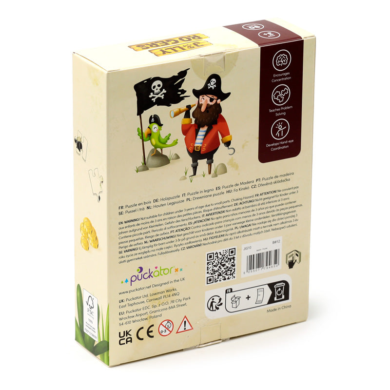 Pirate-themed product packaging with illustrations of a pirate and a parrot on a white background.