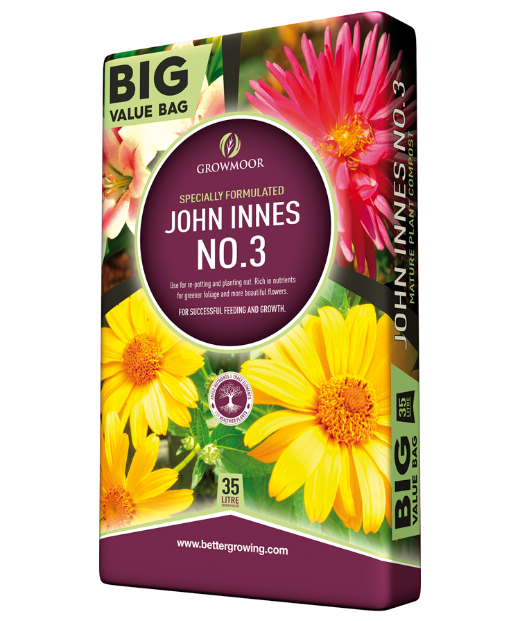 John Innes No. 3 plant food packaging with flowers on a white background