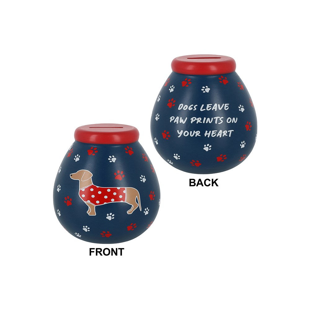 Two blue urns with red lids, one showing a dachshund and the other with text and paw prints.