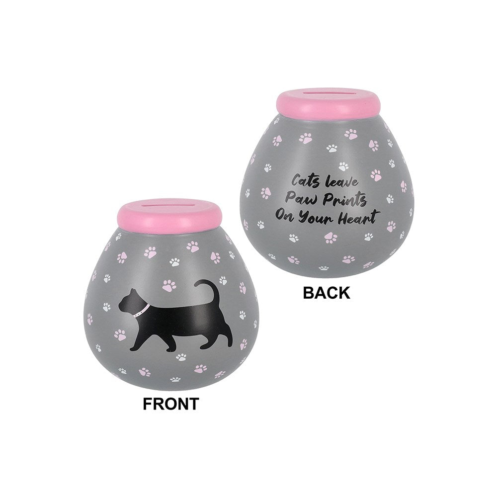 Two gray pet toys with pink lids, one showing a cat silhouette and text on the front, the other on the back.