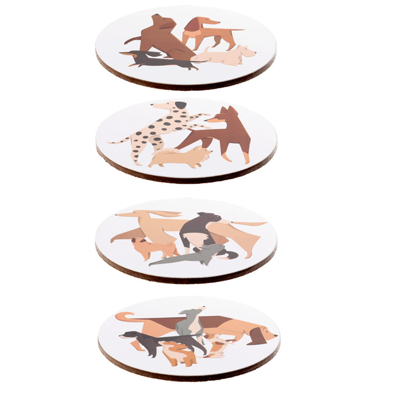 Set of four coasters with dog illustrations on a white background