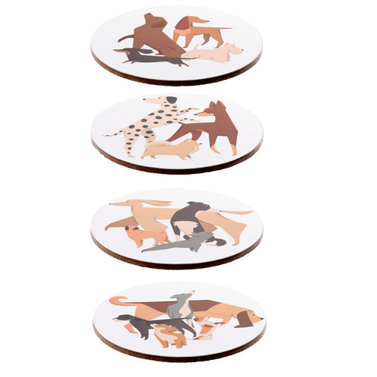 Set of four coasters with dog illustrations on a white background