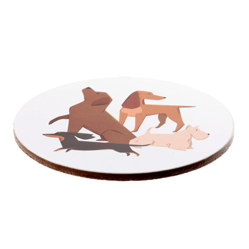 Round coaster with illustrations of four dachshunds on a white background
