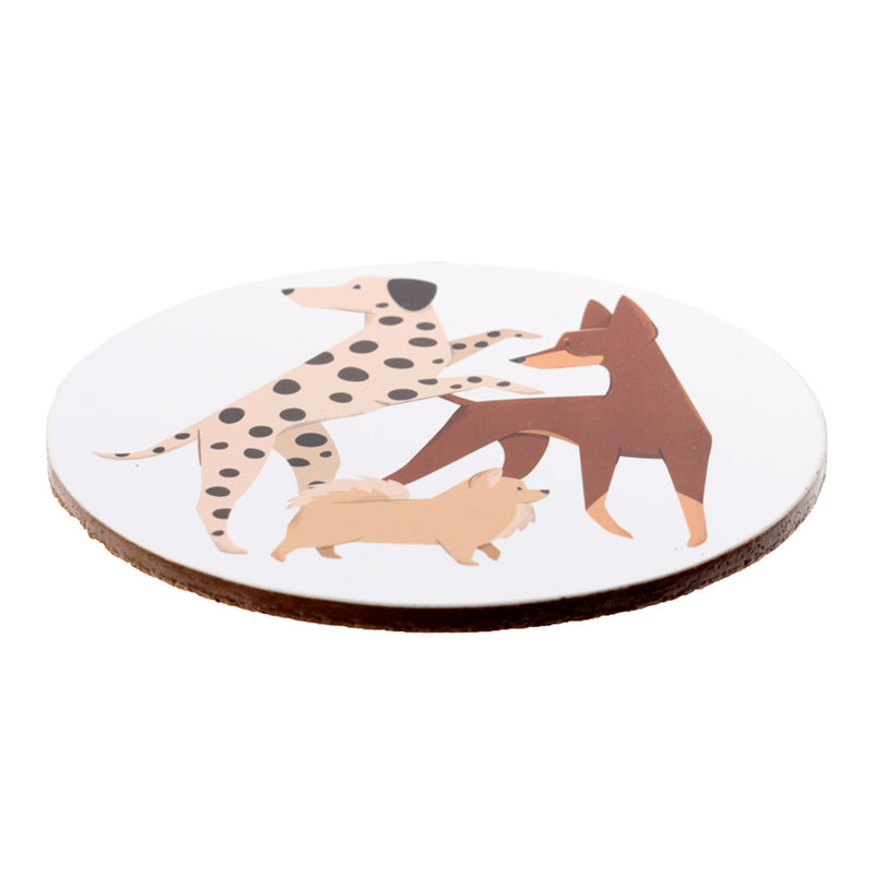 Round coaster with illustrations of dogs on a white background