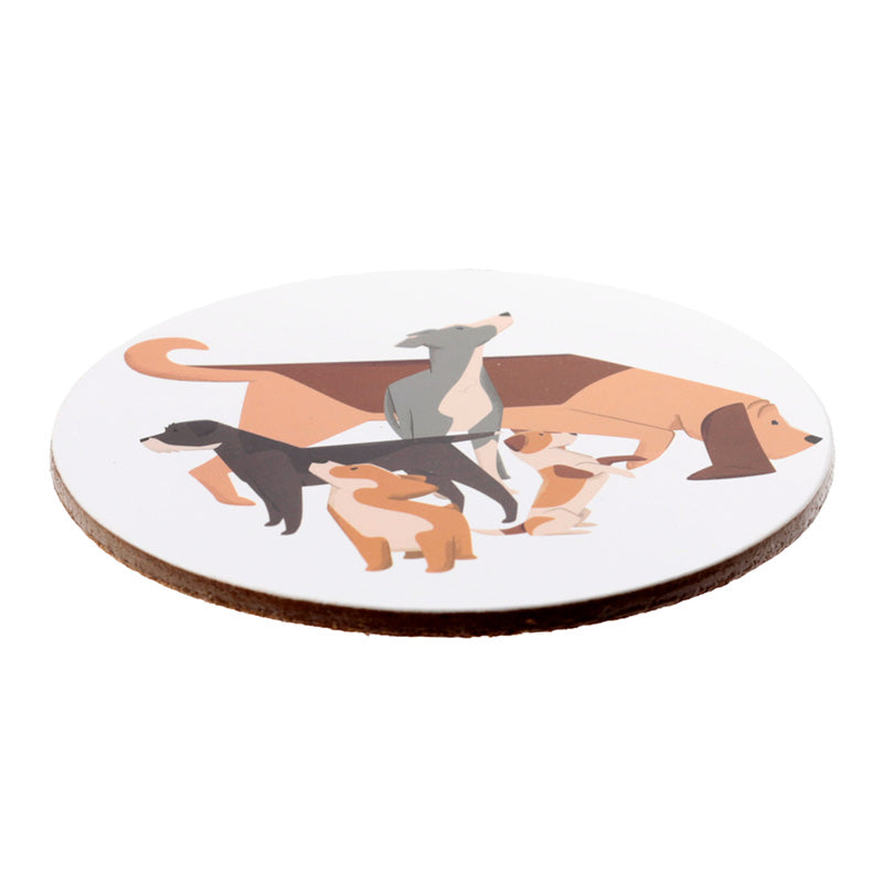 Round coaster with illustrations of dogs on a white background