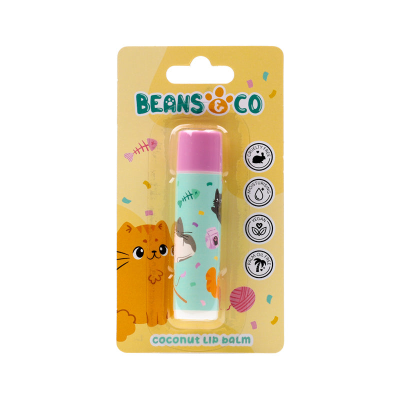 Coconut lip balm in packaging with 'Beans & Co' branding on a white background