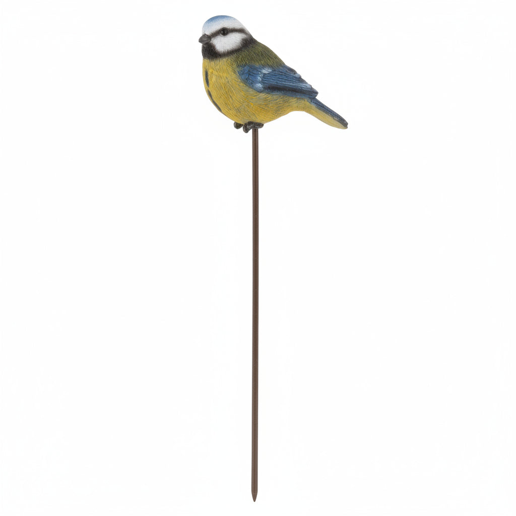 Two decorative bird stakes on metal stands against a white background