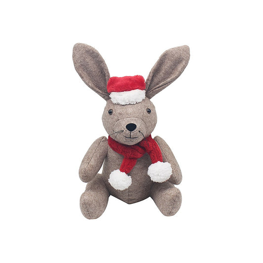 Christmas rabbit doorstop on a white background