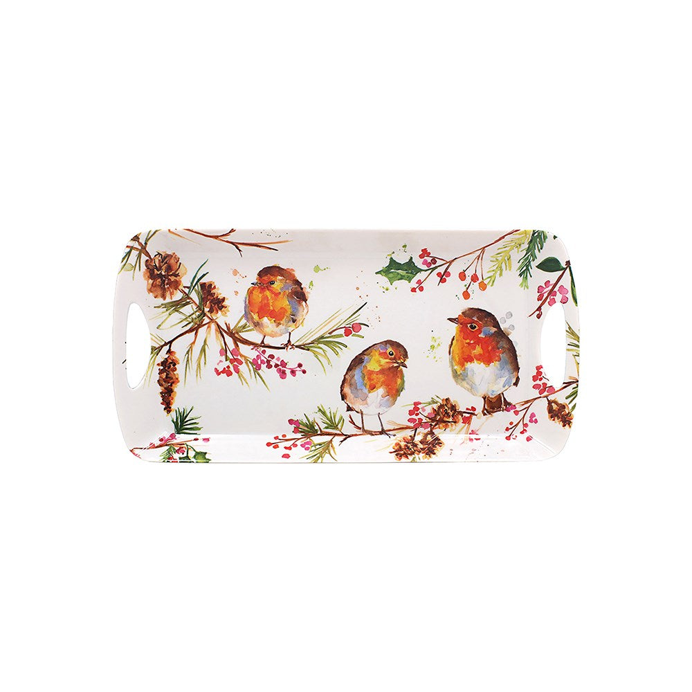 Rectangular tray with Christmas-themed design featuring robins, holly, and pine cones on a white background.