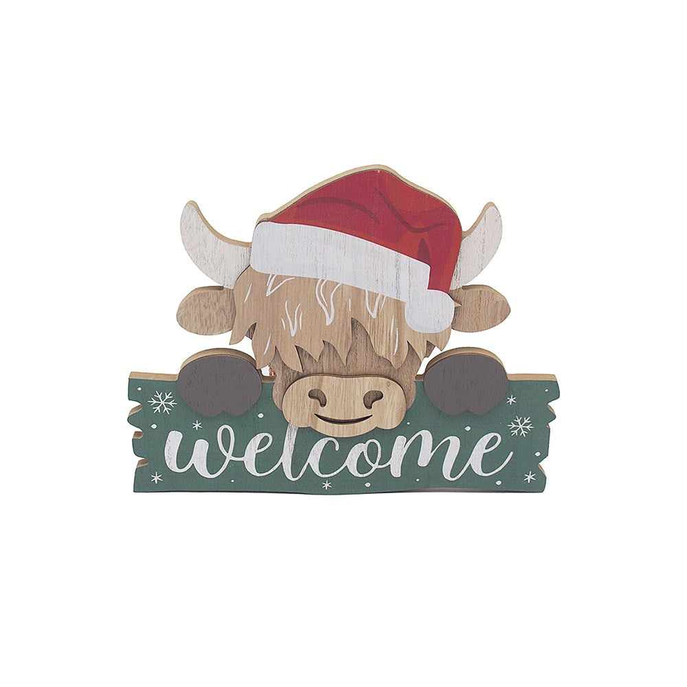 Wooden sign with a Highland cow wearing a Santa hat and sunglasses, displaying the word 'welcome'.