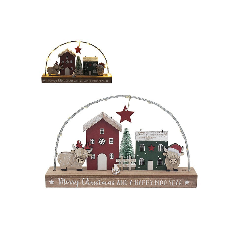 Decorative Christmas scene with houses, trees, and animals on a white background