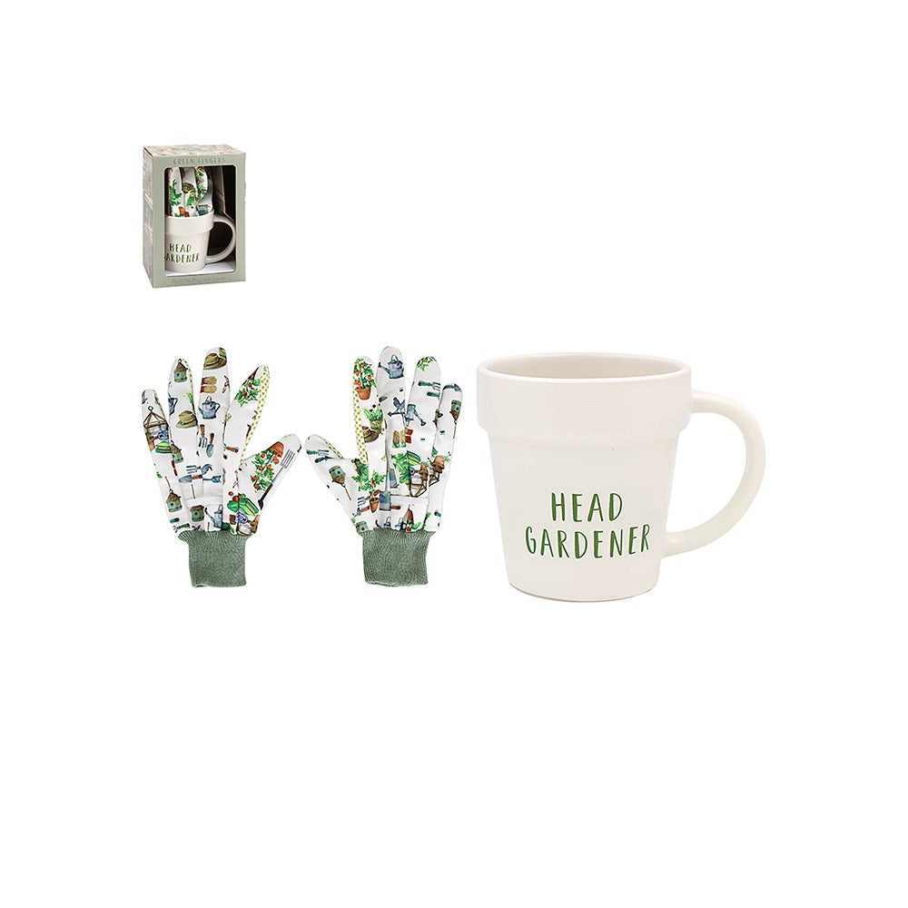 Gardening gloves and mug set with 'Head Gardener' text on a white background