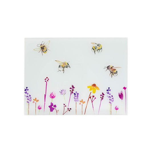 Chopping board with bee and flower design on a white background