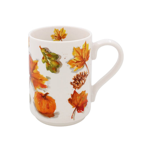 White mug with autumn leaf design on a white background