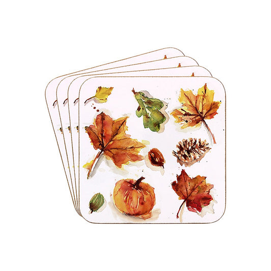 Set of four coasters with autumn-themed designs on a white background