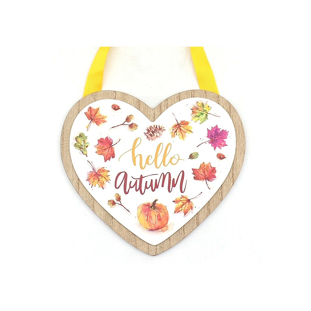 Heart-shaped autumn-themed ornament with colorful leaves and 'hello Autumn' text on a white background.