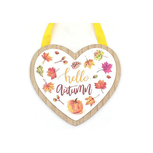 Heart-shaped autumn-themed ornament with colorful leaves and 'hello Autumn' text on a white background.