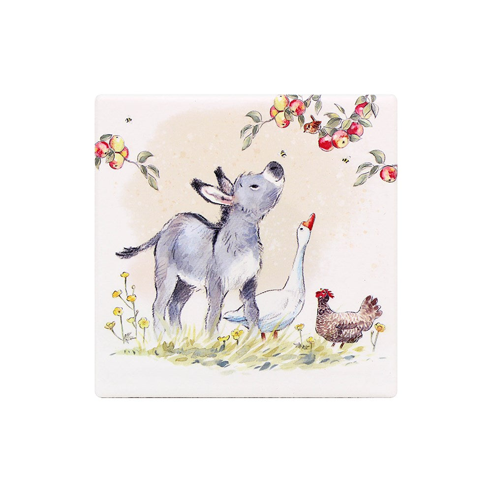 Illustration of a donkey, goose, and chicken with flowers and apples on a light background