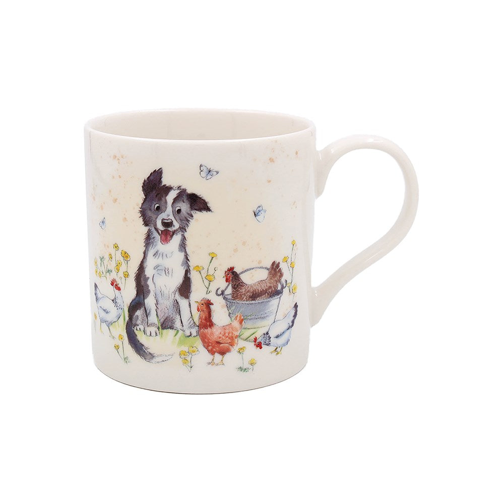 Mug with a design of a dog and chickens on a white background