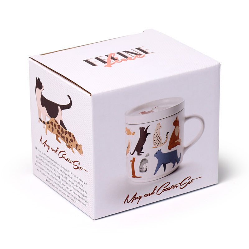 Mug and coaster set with animal illustrations in a branded box on a white background