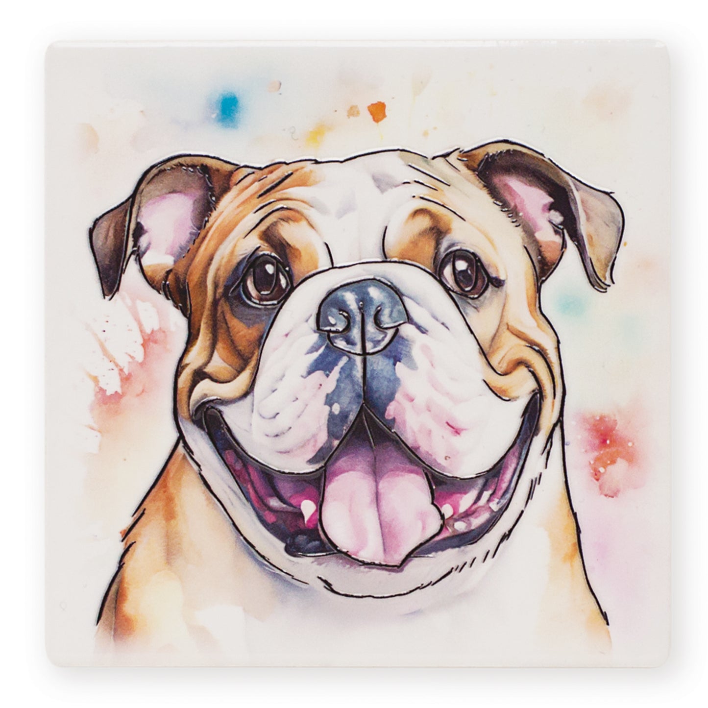Colorful illustration of a bulldog with watercolor effects on a white background