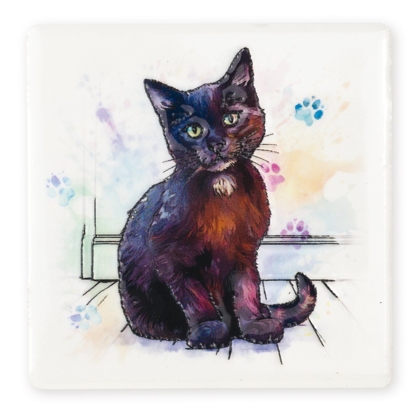 Colorful illustration of a black and brown cat on a white background with paw prints.