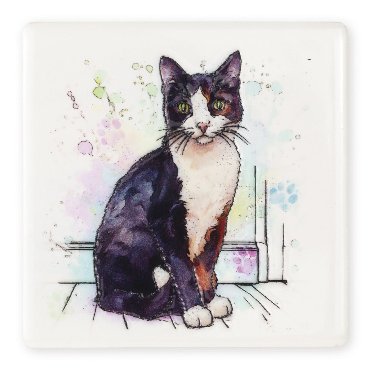 Illustration of a black and white cat sitting on a windowsill with paw prints and flowers.