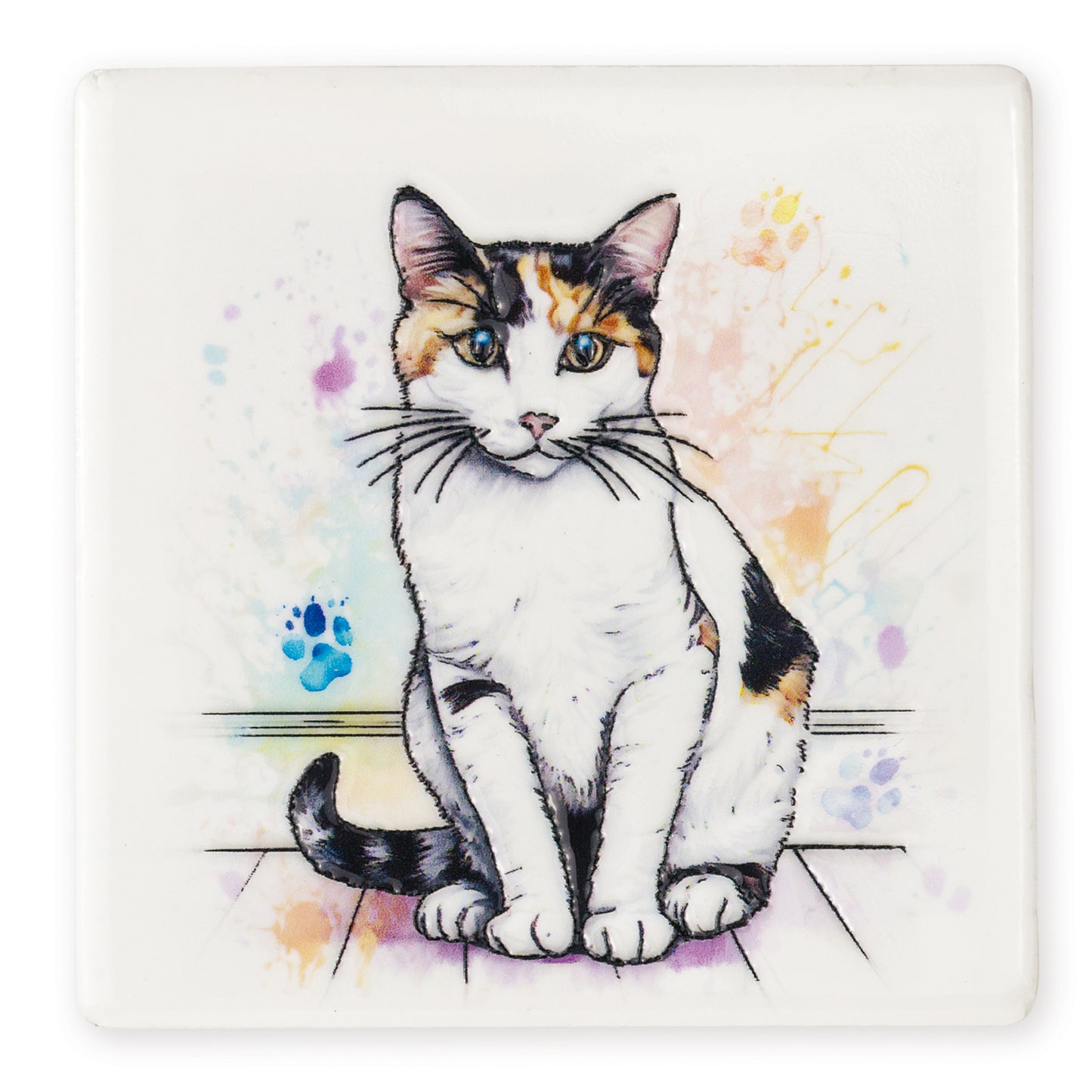 Calico cat illustration on a colorful watercolor background