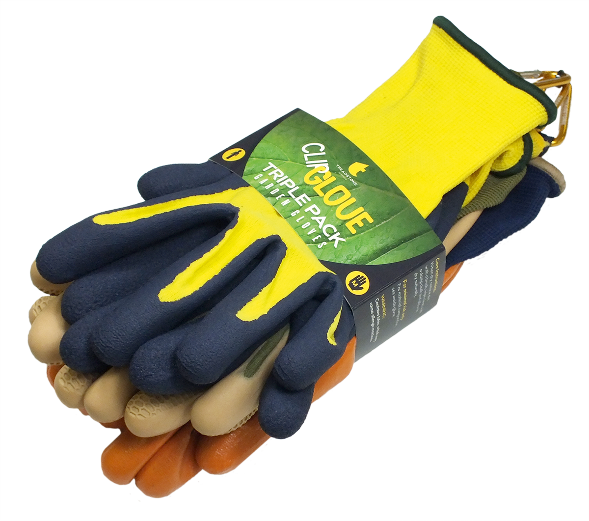 Pair of blue and yellow gardening gloves with a Gubloue label on a white background