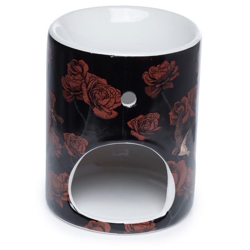 Black container with red rose pattern on a white background