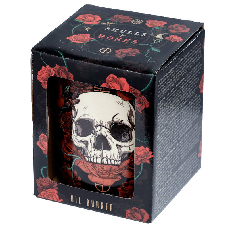 Oil burner with skull and rose design in a decorative box