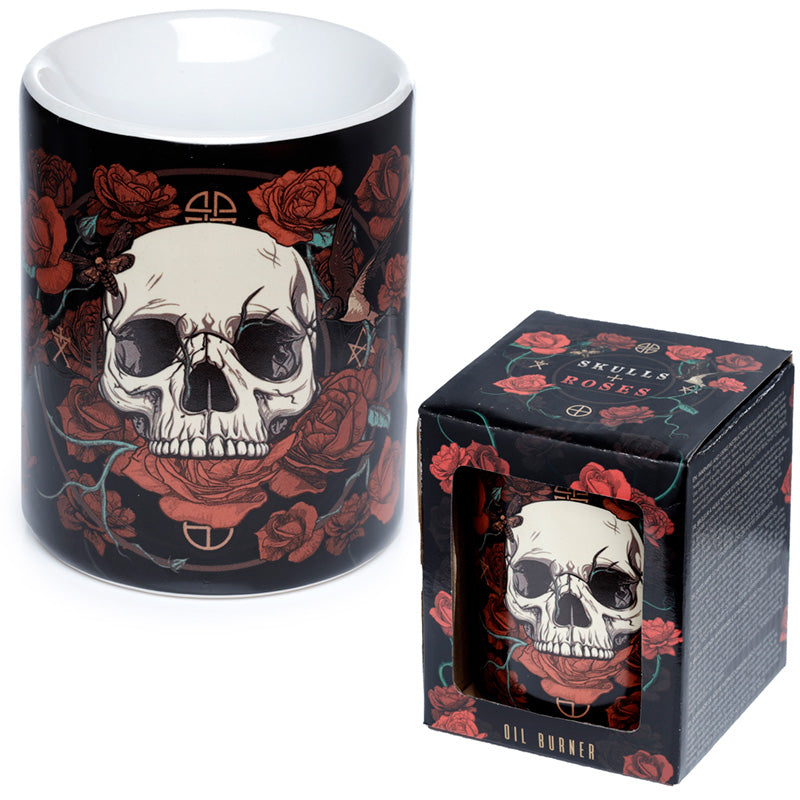 Mug with skull and roses design next to its packaging box