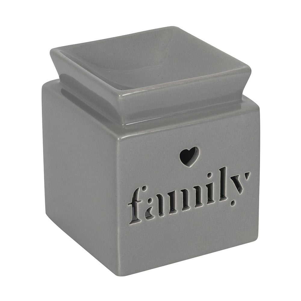 Gray square wax warmer with 'family' and heart design on a white background