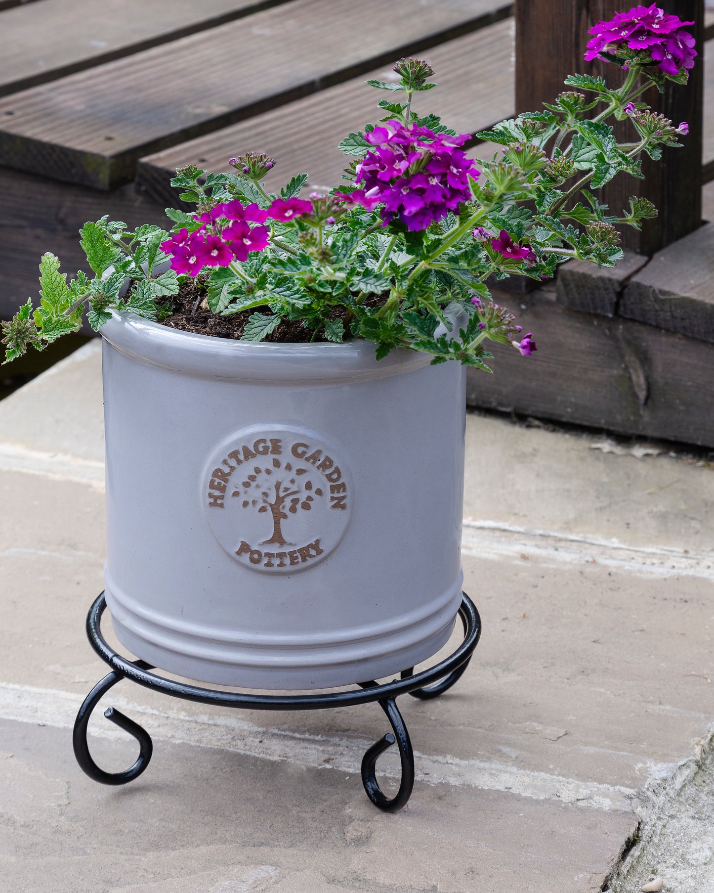 White pot with purple flowers on a wooden deck