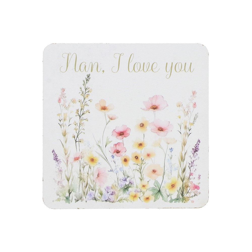 Coaster with floral design and 'Nan, I love you' text on a white background