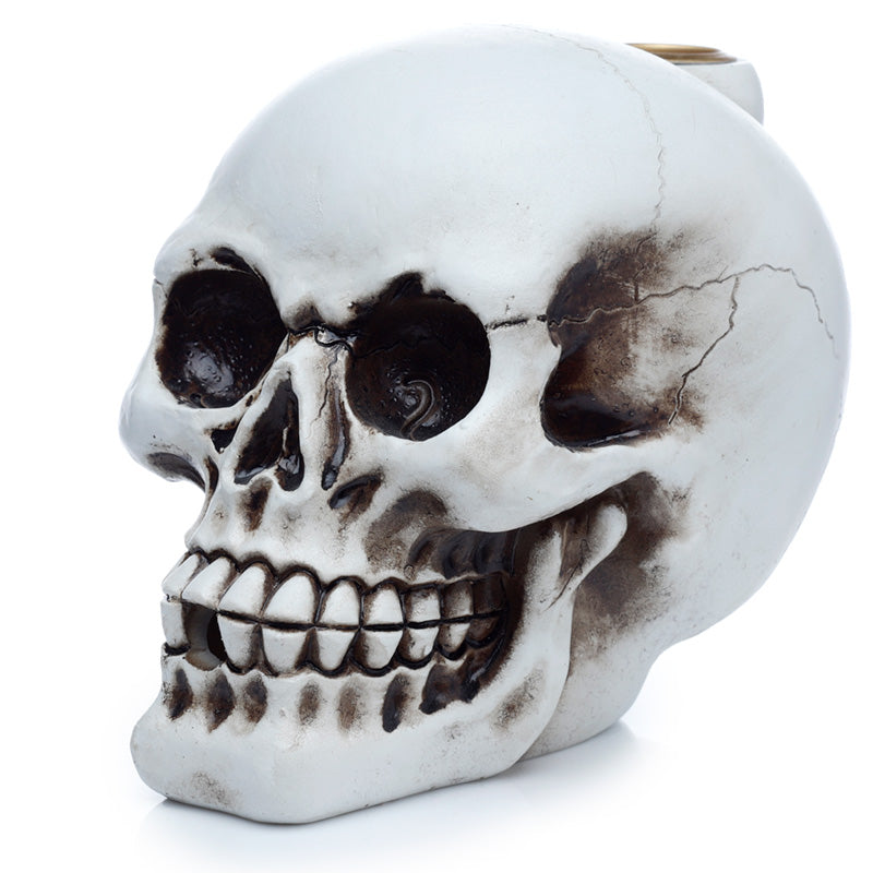 Skull-shaped decorative item with a white and brown color scheme on a white background