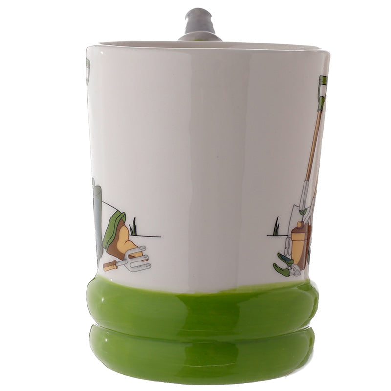 Green and white cup with a unique handle design on a white background