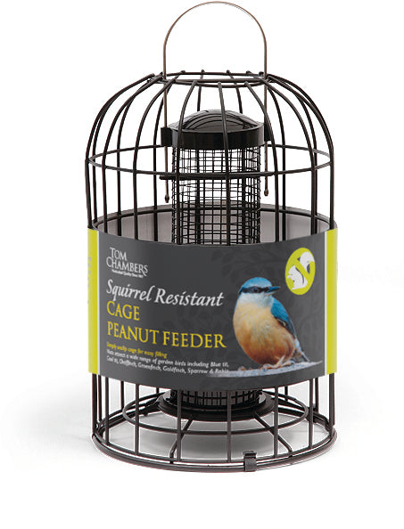 Squirrel-resistant cage peanut feeder with a label on a white background