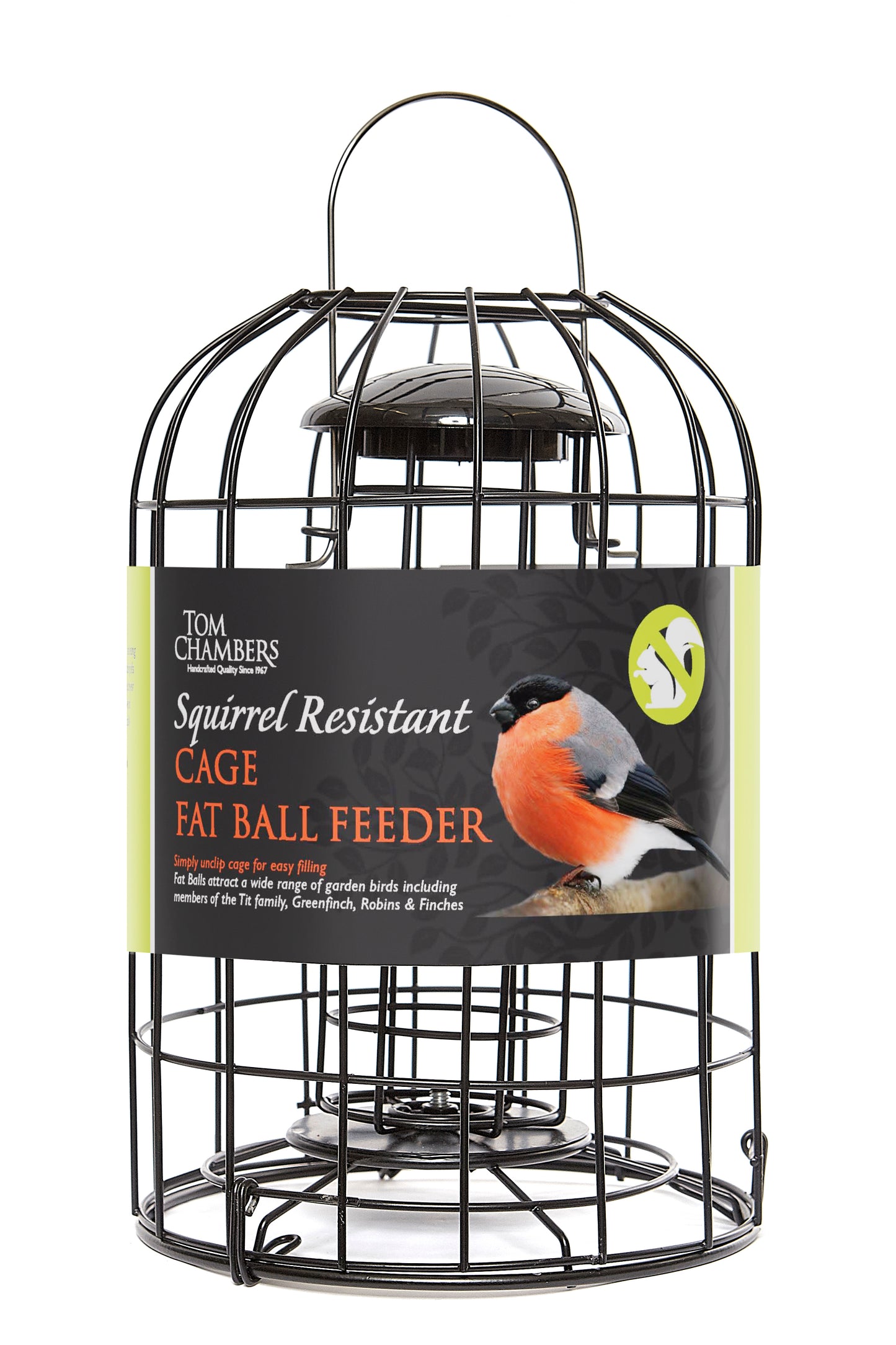 Squirrel-resistant cage fat ball feeder with a label on a white background