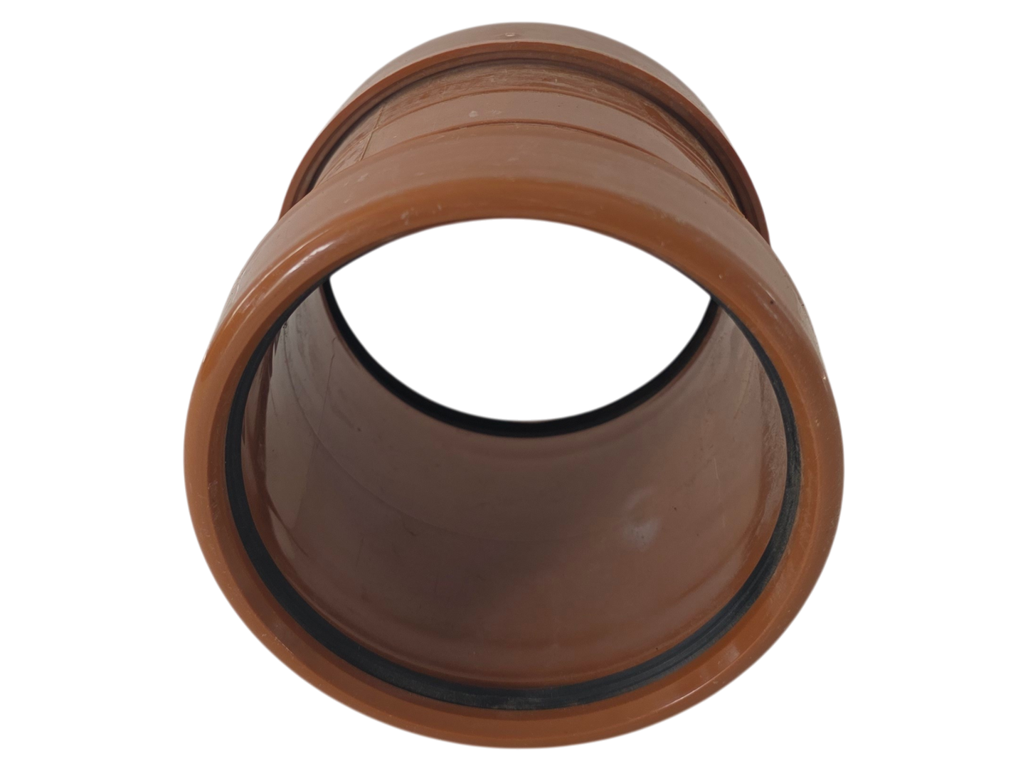 A brown plastic pipe connector fitting with a circular opening, shown on a plain white background.
