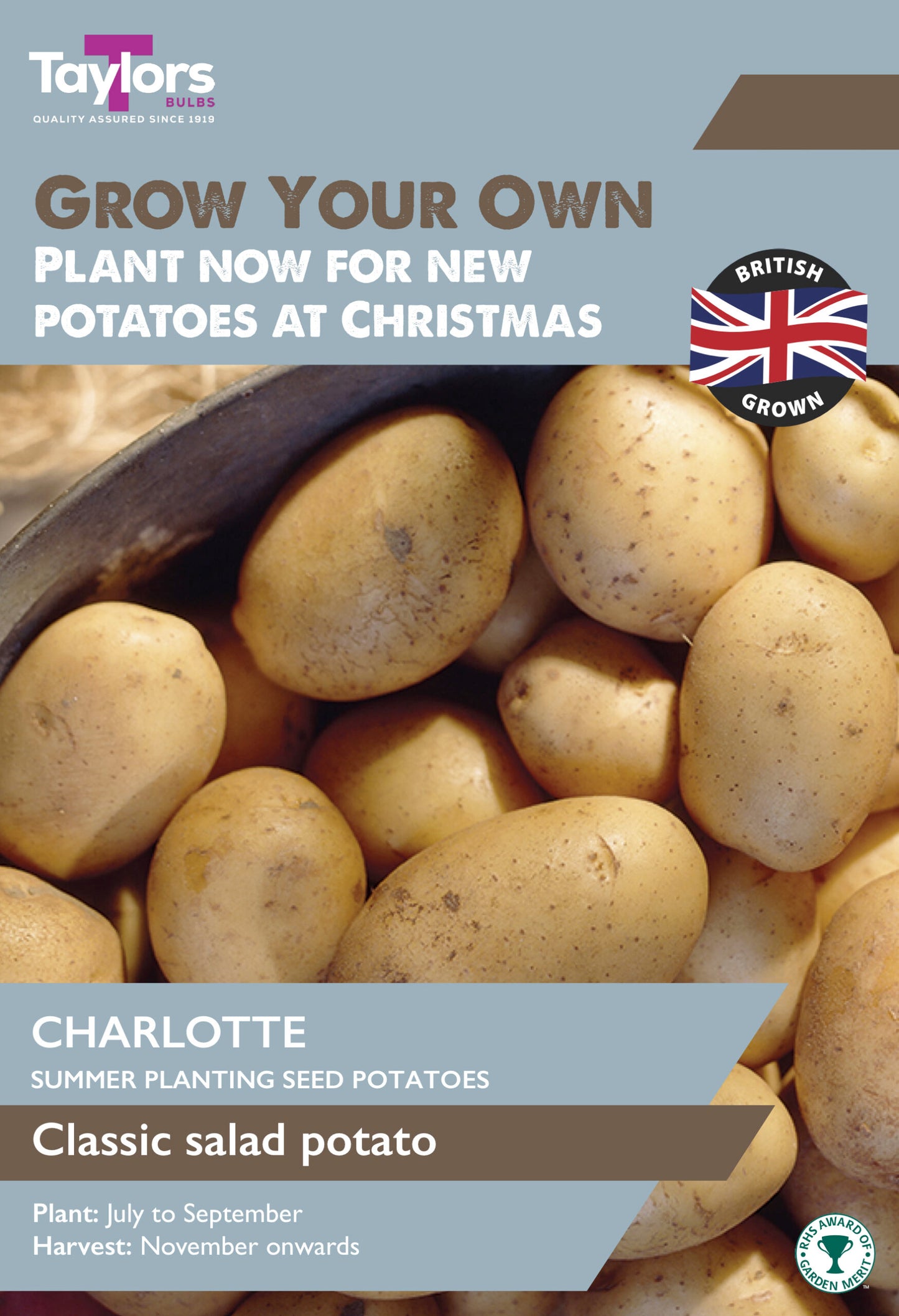 Packaging of Taylors of Harrogate Charlotte seed potatoes with text on a blue background