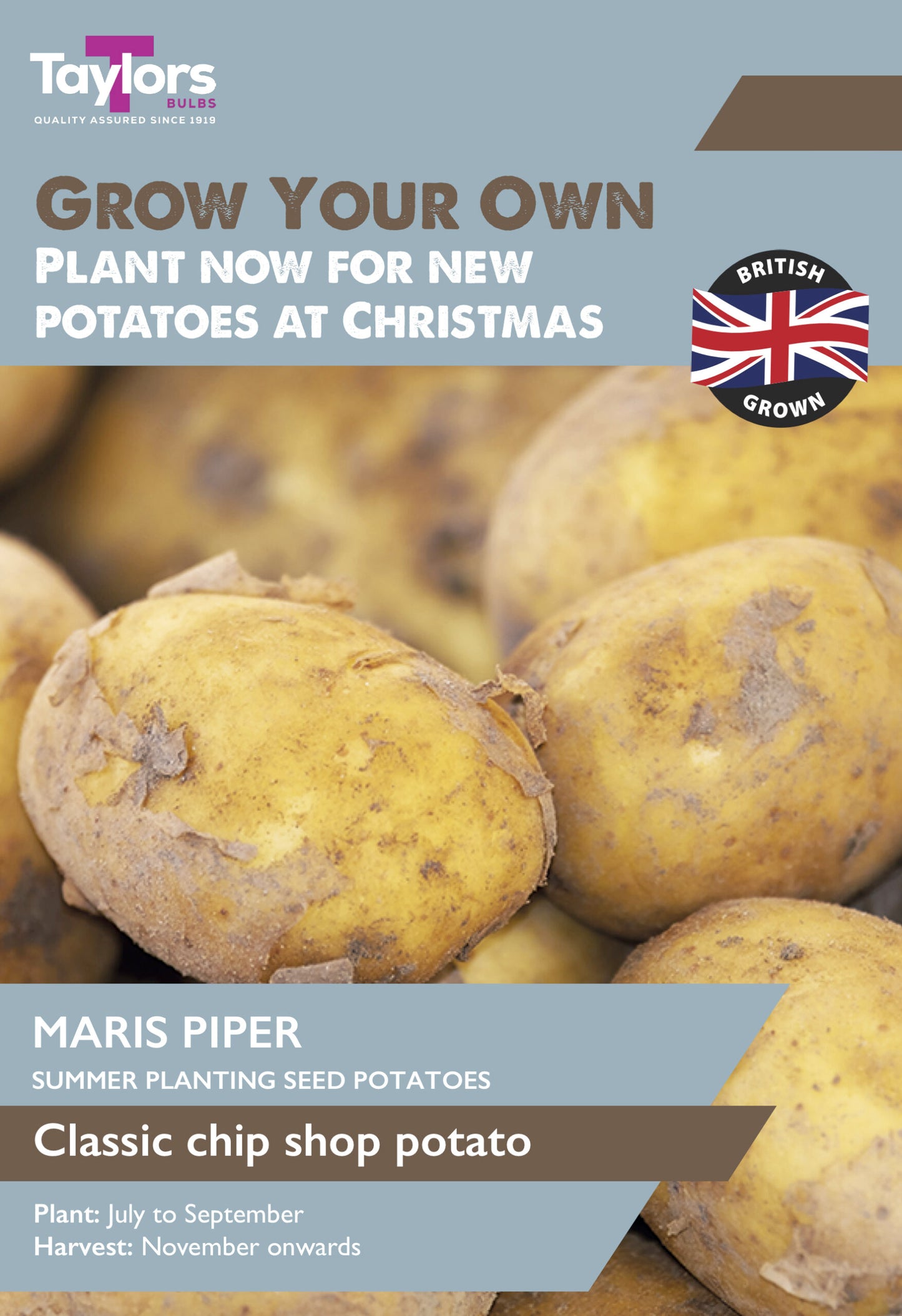A product cover for Taylors Maris Piper summer planting seed potatoes, featuring a close-up photo of classic chip shop potatoes on the front with promotional text and branding.