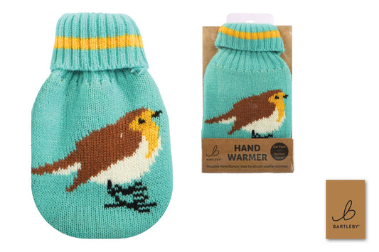 Knitted hand warmer with robin design and packaging displaying brand logo.