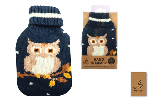 Knitted owl design hand warmer with packaging on a white background