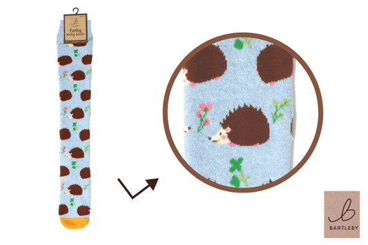 Hedgehog-patterned sock with a close-up detail on a white background, featuring the Bartleby brand.