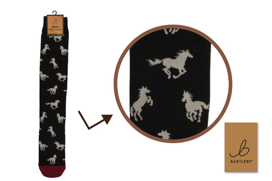 Black sock with horse pattern and Bartley brand logo on a white background