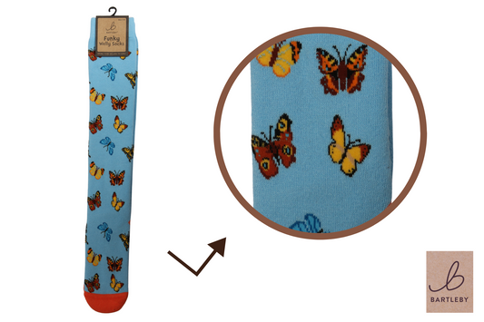 Blue socks with butterfly patterns on a white background, featuring the Bartleby brand.
