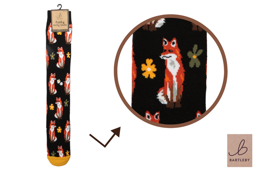 Black socks with fox design and yellow flowers, displayed with packaging and brand logo.