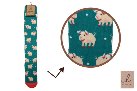 Teal sock with pig pattern and packaging, featuring the Bartleby brand.